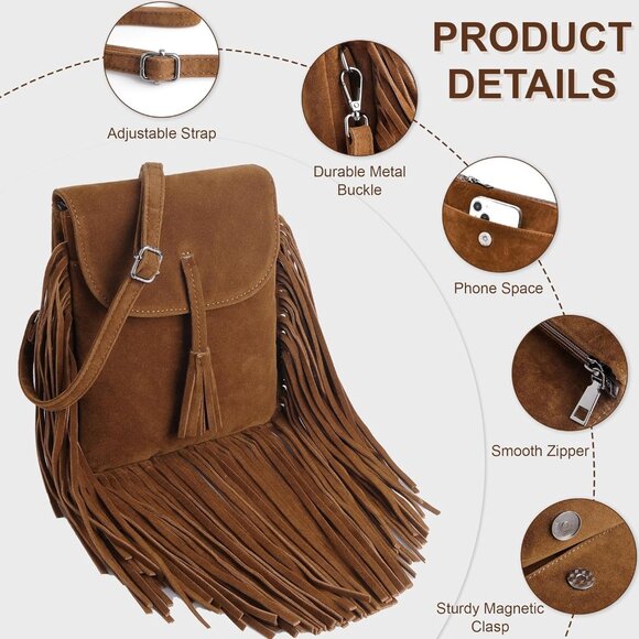 Fringe Small Crossbody Bags for Women Trendy Designer Cell Phone Bag Suede Tasse - Picture 5 of 7